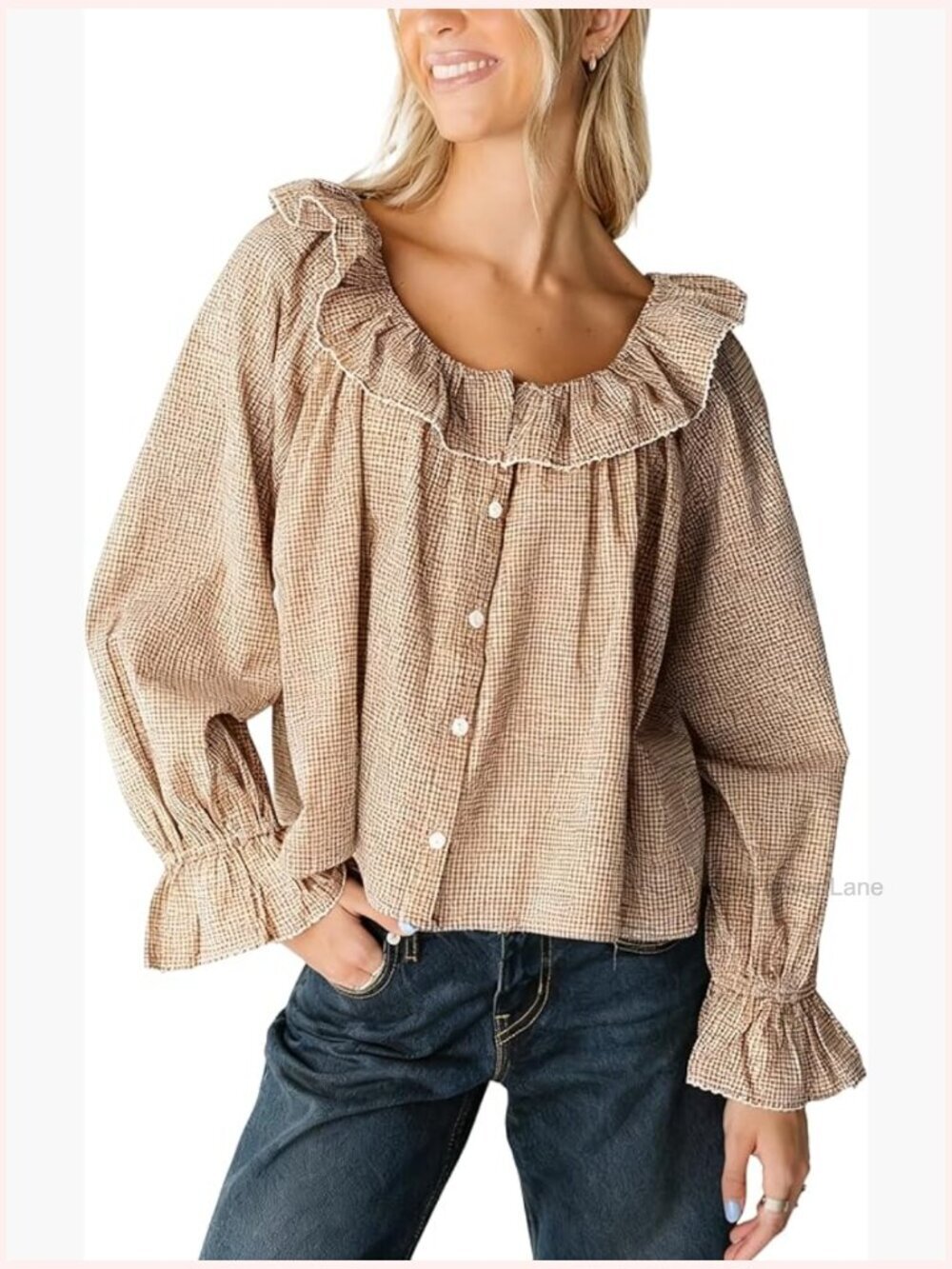 Gingham Long Sleeve Blouse Button Down Ruffle Casual Fall Tops